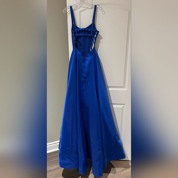 Sherri Hill Scoop Neck Strappy Back Long A Line Satin Dress, Royal Blue 52715 - Picture 9 of 13